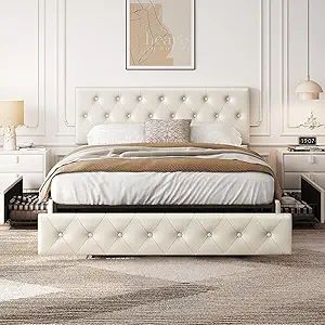 Yaheetech Queen Bed Frame Upholstered Bed Frame with Adjustable Diamond Button-Tufted Headboard/3 Drawers Storage, Queen Platfor