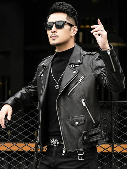 Long Sleeve Belt Plus Size European Fashion brand Spring Autumn Short Cool Black Leather Biker Jacket Men Zipper leather jackets