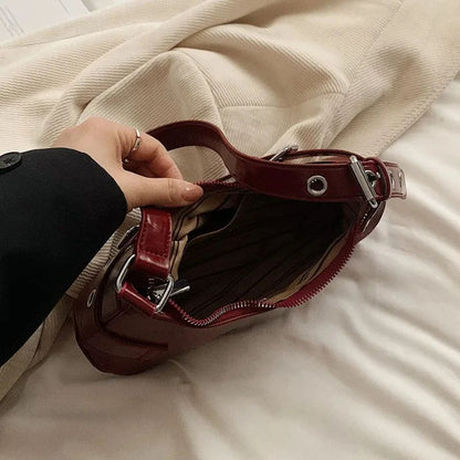 Red Vintage Shoulder Bag Y2K Belt Design PU Leather Underarm Bags for Women Trend Hot Cool Girl Crossbody Bag Punk Style Handbag