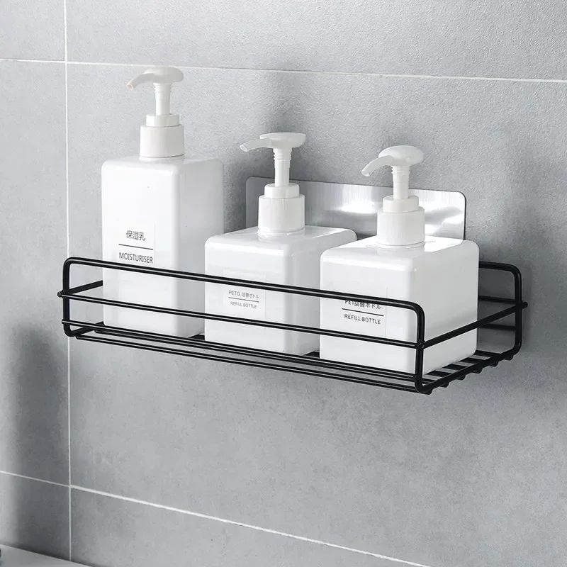 Prateleira de banheiro de ferro forjado estilo japonês, rack de armazenamento de gel de banho montado na parede, suporte de higiene pessoal sem furos para toalete