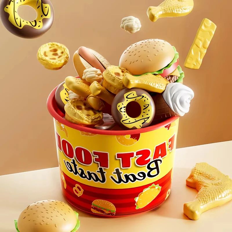 Conjunto de Brinquedos de Cozinha Infantil Simulação de Hambúrguer Pizza Batata Frita Brinquedo de Faz de Conta Comida Cozinha Jogo de Cortar Brinquedo Interativo Montessori Presente