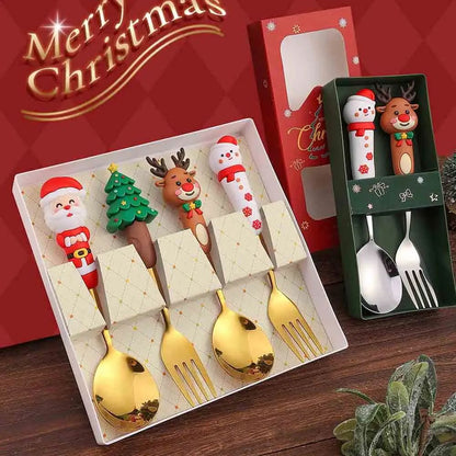 4PCS Christmas Cutlery Set Silver Spoon Fork Set Elk Christmas Tree Decoration Dessert Scoop Cake Fork Silverware Coffee Spoon