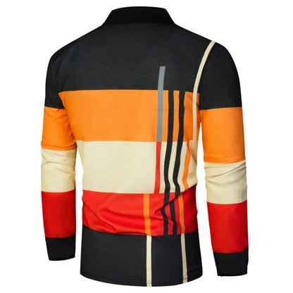 2025 autumn men's polo shirt long sleeved stand up collar patchwork printed top fashionable street casual T-shirt men's shirt
