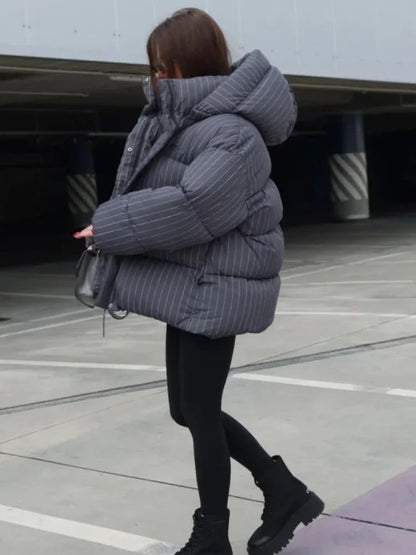 Women's Pinstripe Oversized Puffer Jacket Full Sleeve Detachable Hood Zipper Warm Coat 2025 Autumn Winter Female Casual Wear