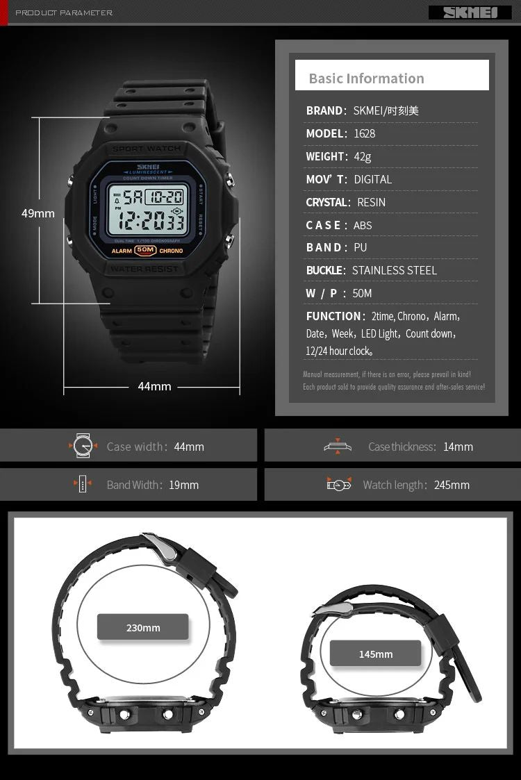SKMEI 1628 Luxury Digital Men Watches Sports Waterproof Electronic Mens Wristwatches Military Back Light Clock 1988 Reloj Hombre