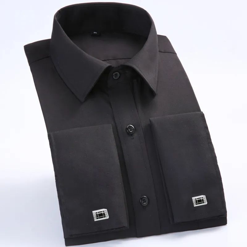 2024 New M~6XL Men's French Cuff Dress Shirt Yellow -White-Purple-Black Long Sleeve Formal Business Buttons Regular Fit Comfort