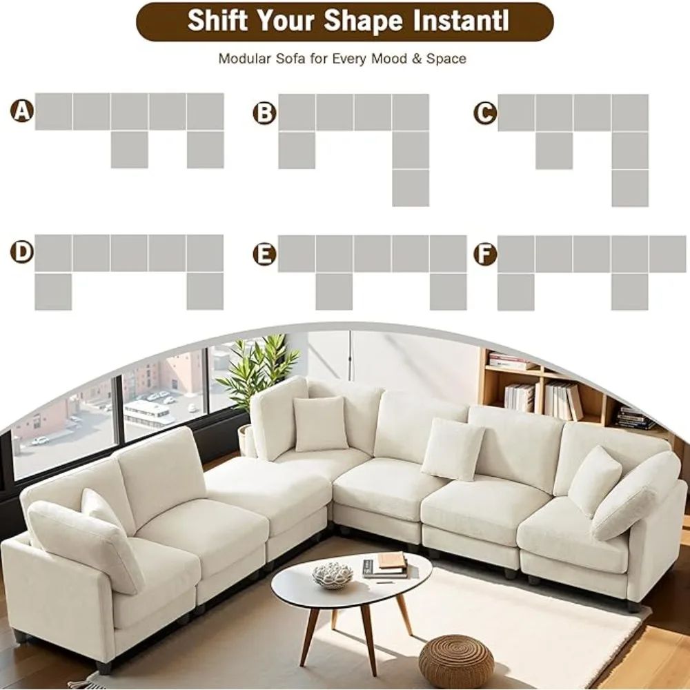 Luxury Oversized Chenille Sofa – 7-Seat Modular Sectional Cloud Couch with Movable Ottoman, Convertible for Living Room