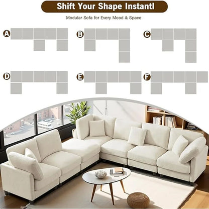 Luxury Oversized Chenille Sofa – 7-Seat Modular Sectional Cloud Couch with Movable Ottoman, Convertible for Living Room