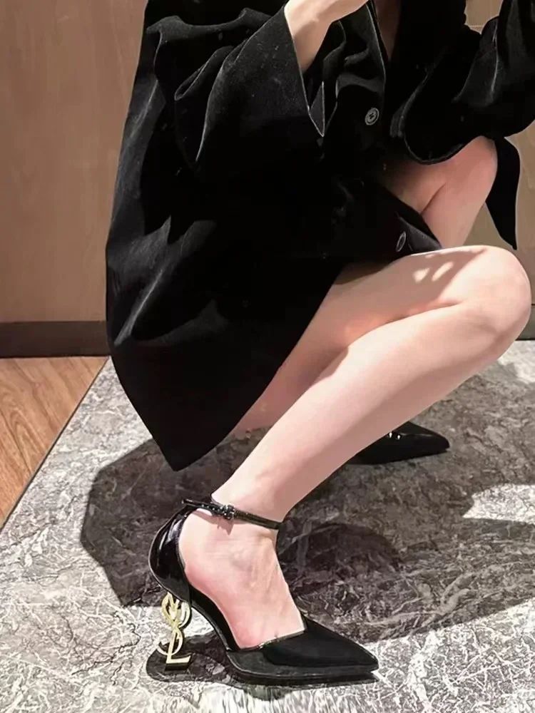 Maillard Sandals for Women  Fashion High Heels for Women One-piece Patent Leather Square Head Letter Heel Open Toe Sexy Shoes