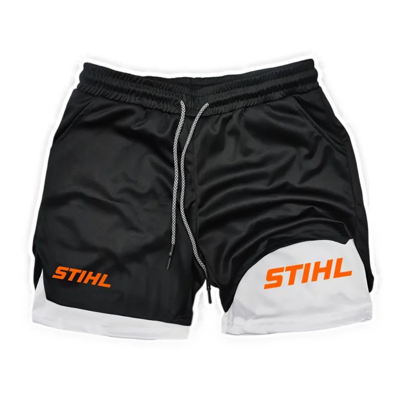 Men's Double Layer Fitness STIHL Shorts Drawstring Mesh Lining Elastic Waist Breathable Quick Dry to Beach Pool Summer Male