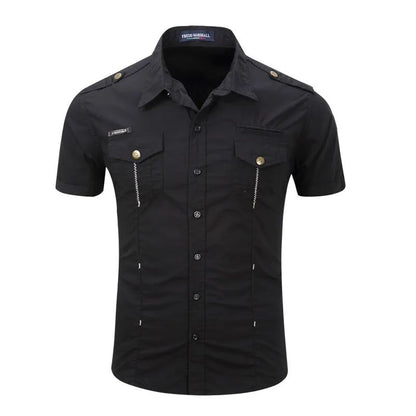 Euro Big Size Men's Cotton Casual Short Sleeve Button-Down Shirt with Chest Pockets Regular-Fit Work Shirt Outdoor Cargo Wear