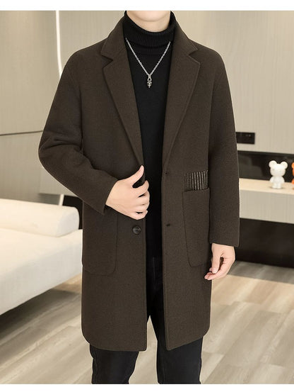 Men's Long Over-the-Knee Trench Coat Youth Black Business Casual Suit Collar Overcoat Mid-Length Trench Coat