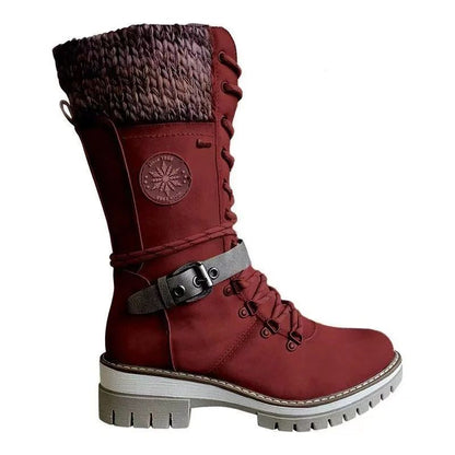 2025 Women Winter Buckle Lace Knitted Mid-calf Boots Low Heel Round Toe Boots Top Quality Winter Warm Boots Women Botas De Mujer