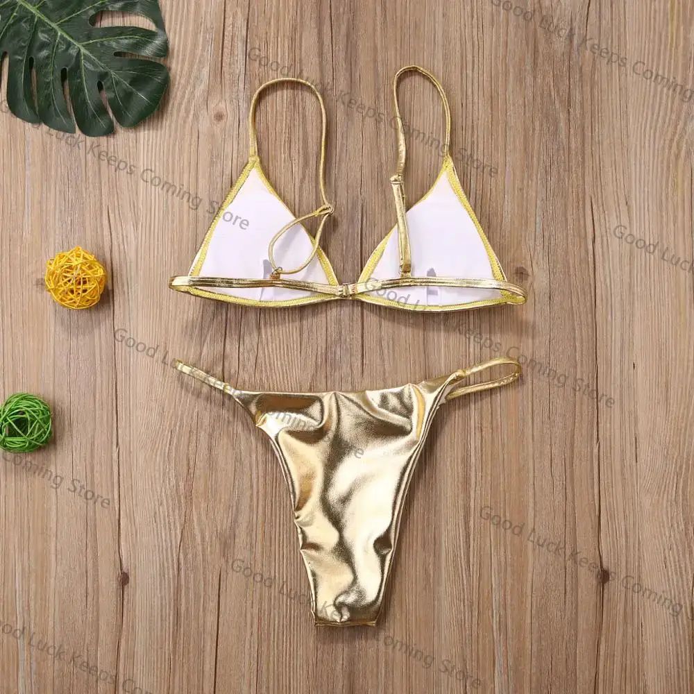 Women Sexy Thong Bikini Set Silver Gold Sequinis Biquini Swimwear 2025 Summer Push Up Padded Bra Bathing Suit Beach Wear