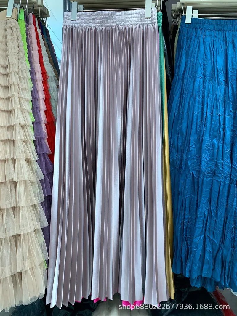 High Waist Satin Pleated Skirt 1 Meter Long Floor Length Pearl Glitter A- Line Umbrella Half Body Skirts Polyester Fiber