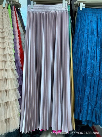 High Waist Satin Pleated Skirt 1 Meter Long Floor Length Pearl Glitter A- Line Umbrella Half Body Skirts Polyester Fiber