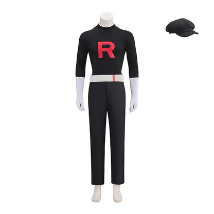 Anime Team Rocket Grunt Cosplay Costumes Anime Black Uniform Hat Halloween Cosplay Costume Full Set Women Men Carnival Party