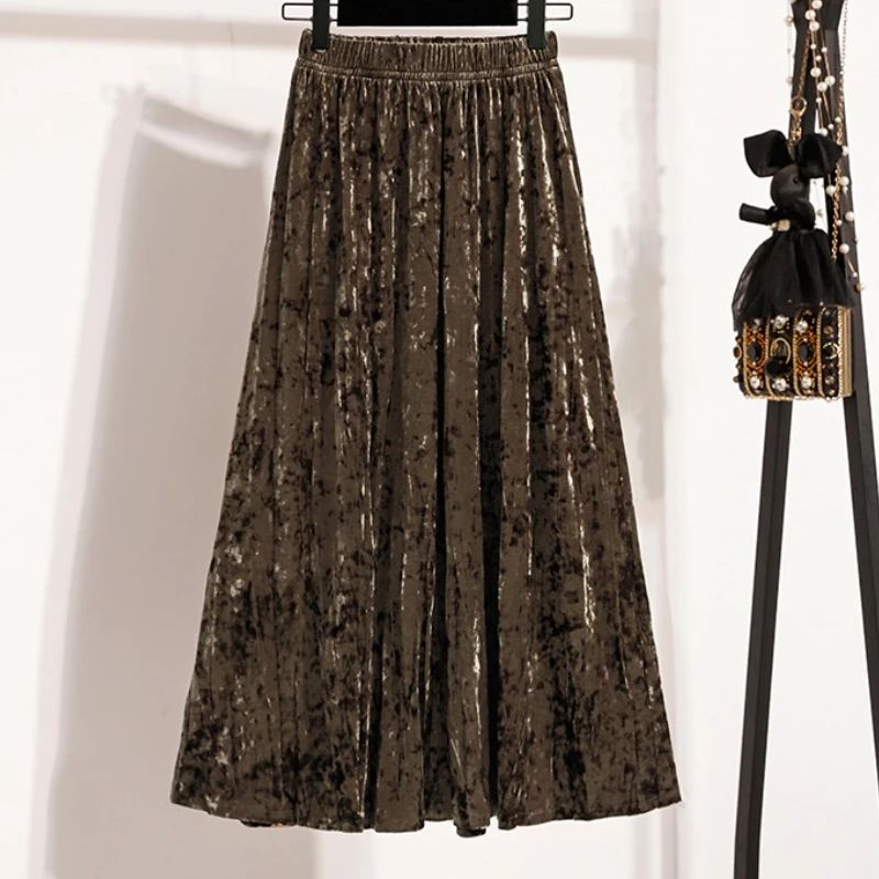 Autumn Winter Girls New A-line Velvet Skirt 2025 Plus Size Gold Velvet Half Pleated Skirt Solid Versatile High Waist Mid Skirt