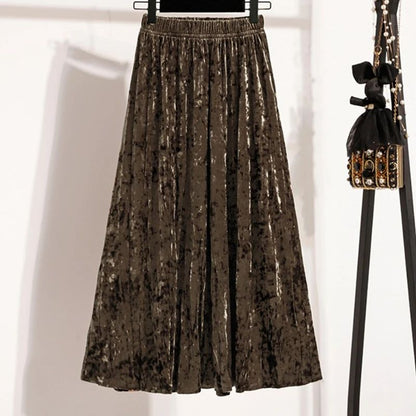 Autumn Winter Girls New A-line Velvet Skirt 2025 Plus Size Gold Velvet Half Pleated Skirt Solid Versatile High Waist Mid Skirt