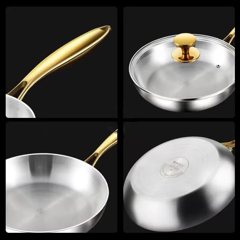 KEMORELA 316 Stainless Steel Frying Pan With Golden Handle Wok Pan Nonstick Cooking Fried Steak Gas Stove Pot Universal Pan
