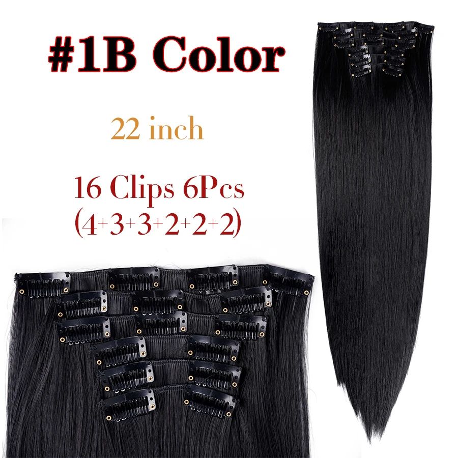 22 Polegadas Sintético Cabelo Liso Longo 16 Clipes 6 Peças/Conjunto Apliques de Cabelo Loiro Preto Resistente ao Calor Para Mulheres