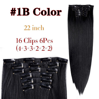 22 Polegadas Sintético Cabelo Liso Longo 16 Clipes 6 Peças/Conjunto Apliques de Cabelo Loiro Preto Resistente ao Calor Para Mulheres