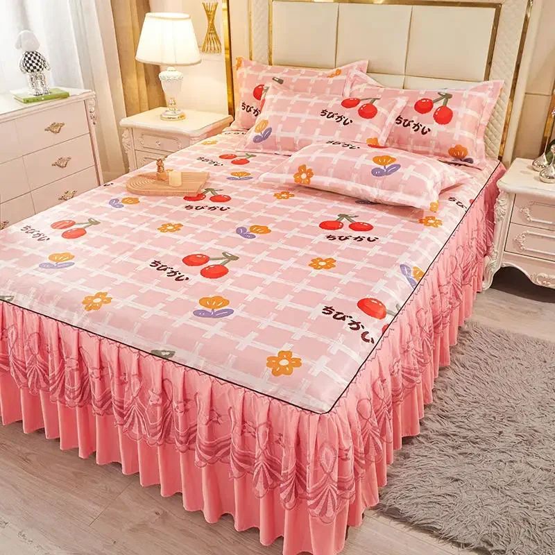 Kit 3 Peças de Lençol de Casal com Renda Clássica Azul Royal, Saia para Cama, Colcha de Casamento Lavável à Máquina, Capa de Colchão