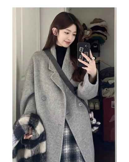 Oatmeal Color Woolen Coat Women's Loose Mid-Length Korean Style Autumn Winter New Arrival Fashion Outerwear Pure Color Full Slee