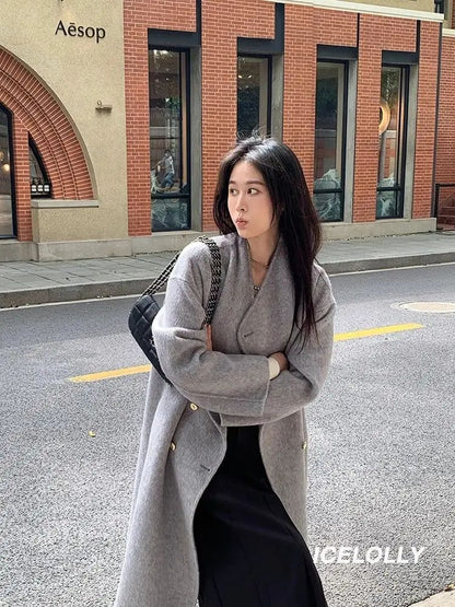 Light Grey Woolen Coat Women's Long Loose Korean Style Fashionable Autumn Winter New Arrival Polyester Fiber Full Sleeve