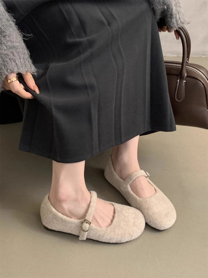 Fashion Square Toe Fleece Flet Ballet Flats Woman Winter Warm Wool Mary Jane Shoes Ladies Brand Design Elegant Plush Loafers