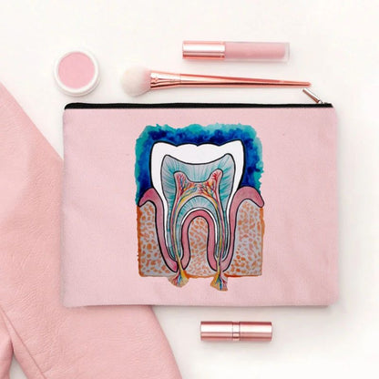 2024 Cute Teeth Cartoon White Zipper Makeup Bag Dental Clinic Storage Bag Women's Single Party Minimalist Decorative Handbag