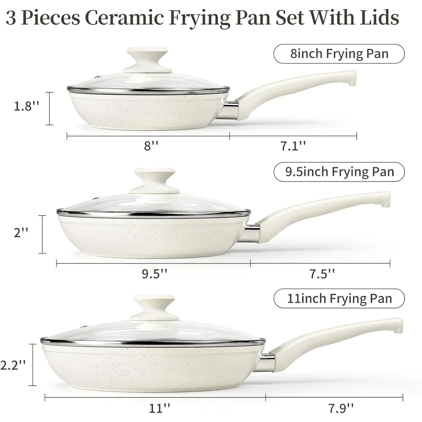 Ceramic Nonstick Frying Pan Set - White Pans With Lids, Induction Skillets for Eggs & Omelets, Healthy No Toxic Cookware,