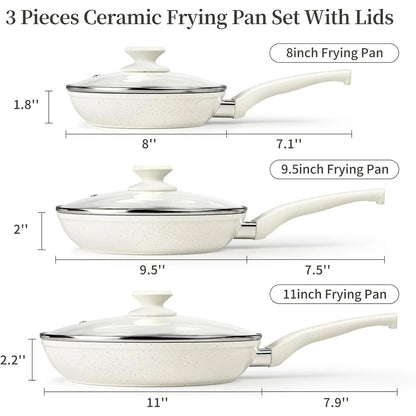 Ceramic Nonstick Frying Pan Set - White Pans With Lids, Induction Skillets for Eggs & Omelets, Healthy No Toxic Cookware,