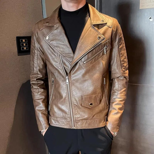 LIBIELIY Autumn Winter High Quality Men PU Leather Jacket Moto Biker Fashion Casual Leather Coat Male Solid Turn Down Collar Sli