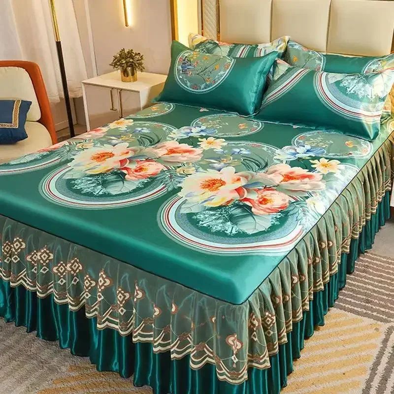 Kit 3 Peças de Lençol de Casal com Renda Clássica Azul Royal, Saia para Cama, Colcha de Casamento Lavável à Máquina, Capa de Colchão