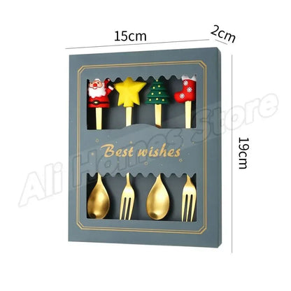 Christmas Cutlery Set Elk Dessert Scoop Fruit Fork Coffee Spoon Stainless Steel Dessert Fork 4/6PCS Christmas Spoons Fork Set