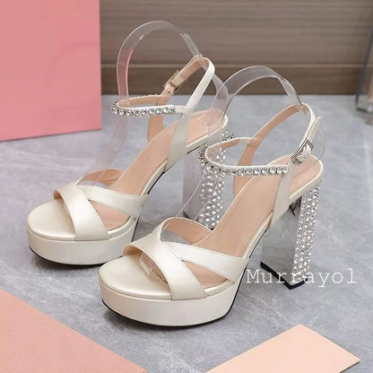 Women Open Toe Rhinestone High Heels Sandals Satin Waterproof Platform Sandalias Summer Party Dress Shoes Pumps Wedding Shoes