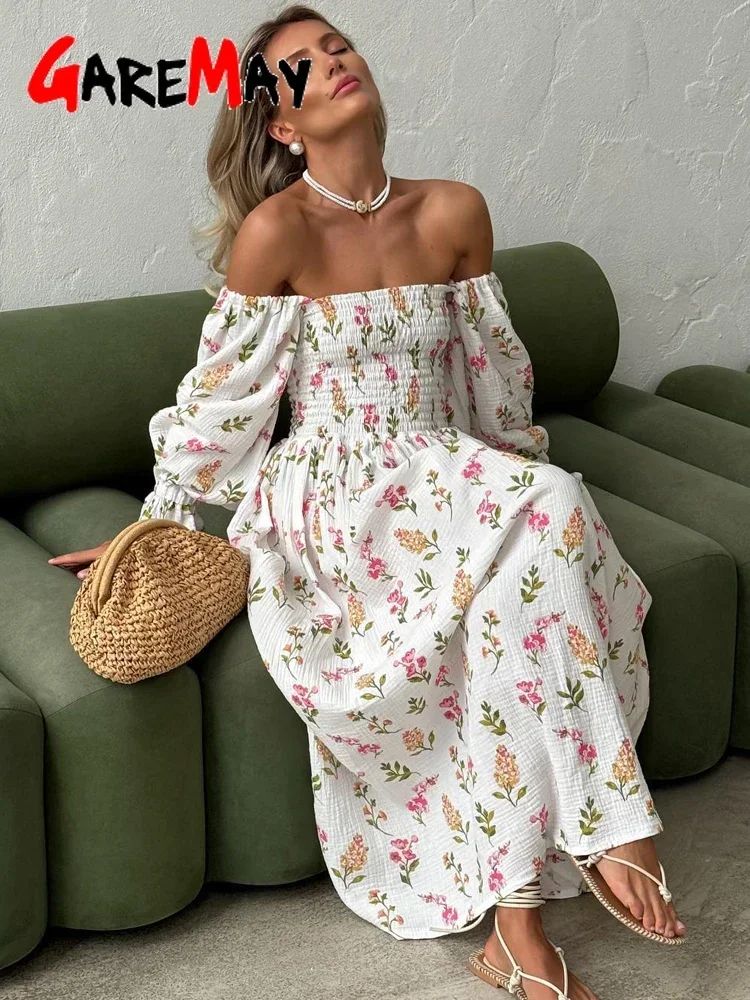 Women's Summer Cotton Dress 100% Elegant Ruffle Midi Floral Print Dress with Sid