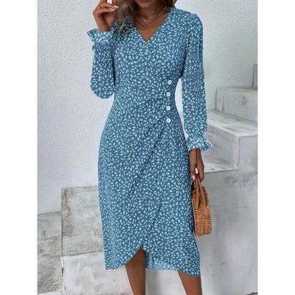 Elegant Floral Pleated H shaped Midi Dress Female V Neck Puff Sleeve Waist Ruche