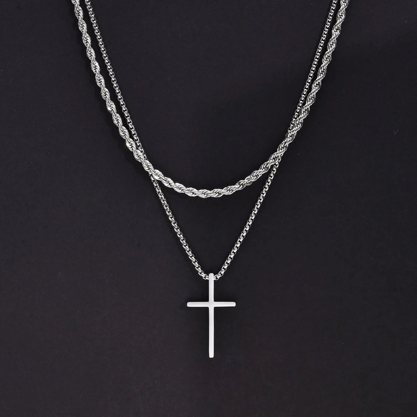 Colar com Pingente de Cruz em Aço Inoxidável 2 Peças para Homens Aço Titânio Corrente de Corda Torcida Gargantilha Feminina Joias de Moda Punk