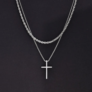 2Pcs Stainless Steel Cross Pendant Necklace For Men Titanium Steel Twisted Rope Box Chain Choker Women Punk Fashion Jewelry