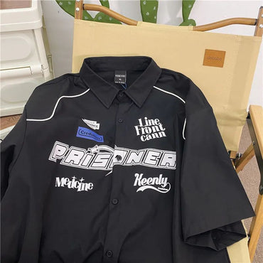 Cargo Short-sleeved Shirt New Summer Youth Casual Lapel Button Up Blouse Men Women Hip Hop Letter Print Racing Tee