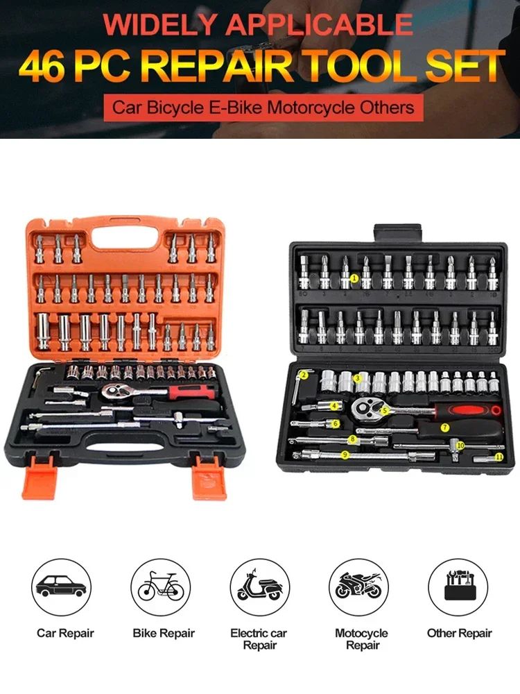 Jogo de Chaves Catraca Soquete 46 Peças para Motocicleta Encaixe 1/4 Pol. Kit Completo de Reparo Automotivo para Manutenção de Carros e Bicicletas da Amagi