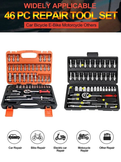 Jogo de Chaves Catraca Soquete 46 Peças para Motocicleta Encaixe 1/4 Pol. Kit Completo de Reparo Automotivo para Manutenção de Carros e Bicicletas da Amagi