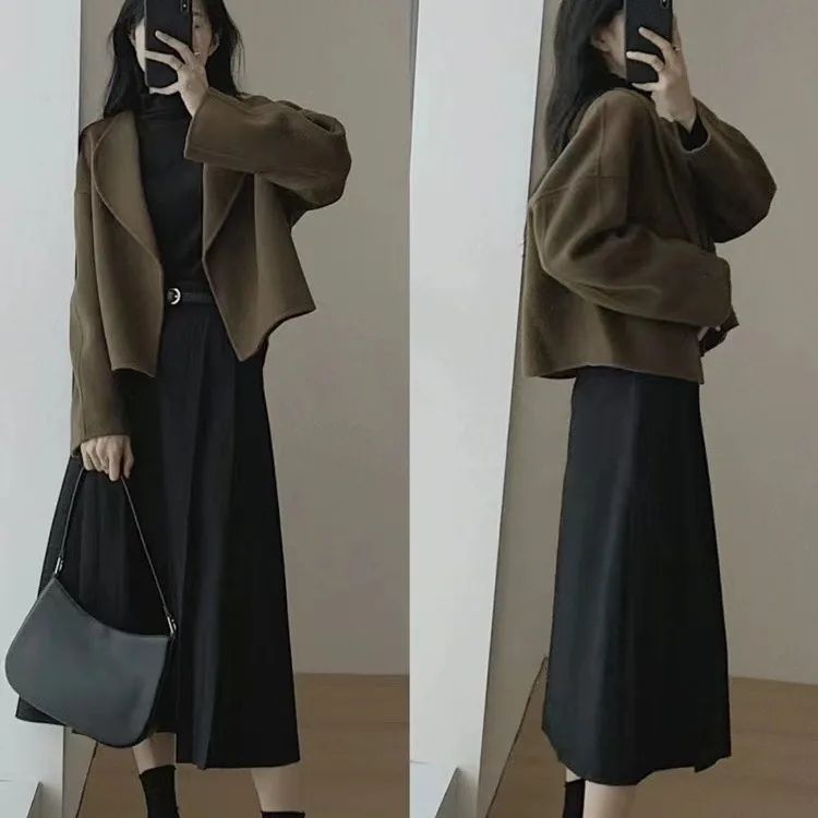 Hebe Style Short Thickened Double-Faced Cashmere Woolen Coat Women's Autumn Winter Fashion Small Size Suit Elegant Feel