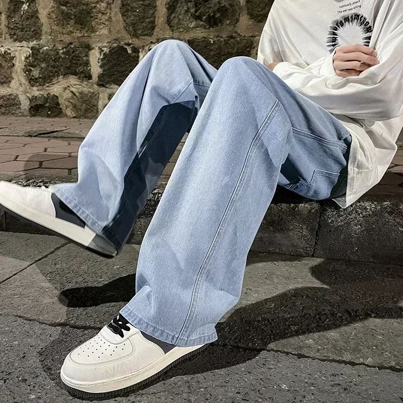 2025 New Korean Men's Casual Long Jeans Classic Man Straight Denim Wide-leg Pants Gyms Solid Color Light Blue Grey Black M-3XL