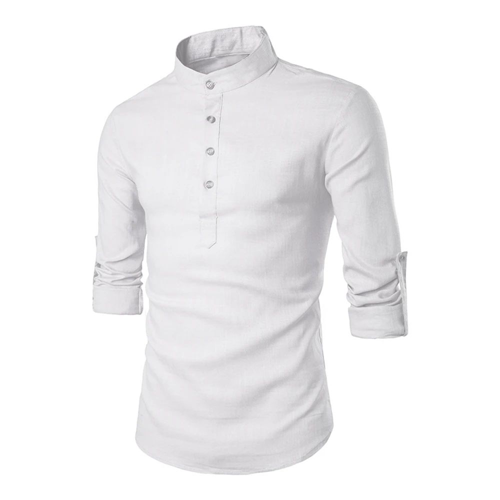 Cotton Linen Hot Sale Men's Long-Sleeved Shirts Summer Solid Color Stand-Up Collar Casual Beach Style Plus Size Linen Man Tops