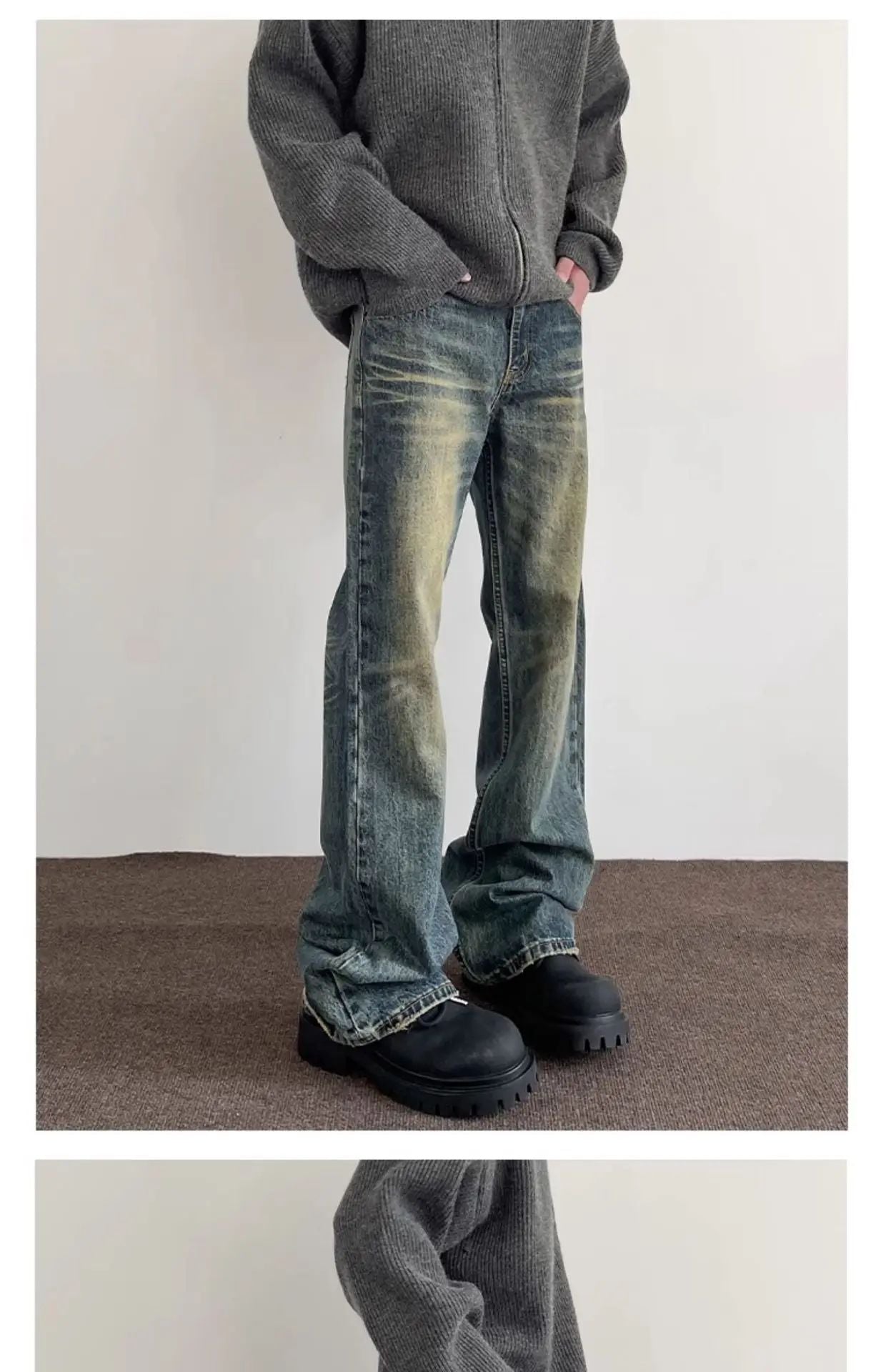 Vintage American Style Men's Straight-Leg Slimming Long Jeans Distressed Washing Denim Pants Trendy Brand Bootcut Pants