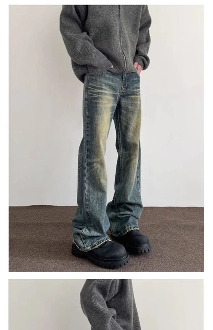 Vintage American Style Men's Straight-Leg Slimming Long Jeans Distressed Washing Denim Pants Trendy Brand Bootcut Pants