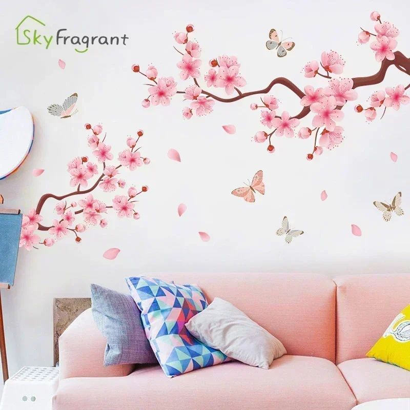 Ink Wall Stickers Wash Peach Blossom For Living Room Bedroom Home Flower Background Wall Decor Self-adhesive Sticker Wallpaper